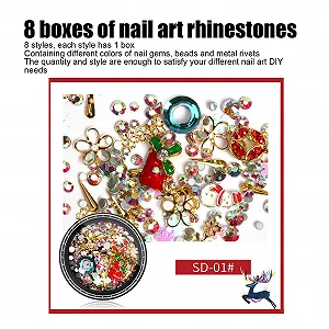 Рождественские украшения для ногтей, 8 коробок, Различные 3D рождественские украшения для ногтей, сплав из горного хрусталя, заклепки-бусины, украшения для ногтей, рождественская елка, Санта Клаус, носки, палочки, сладости synthetic.ua - Фото 1