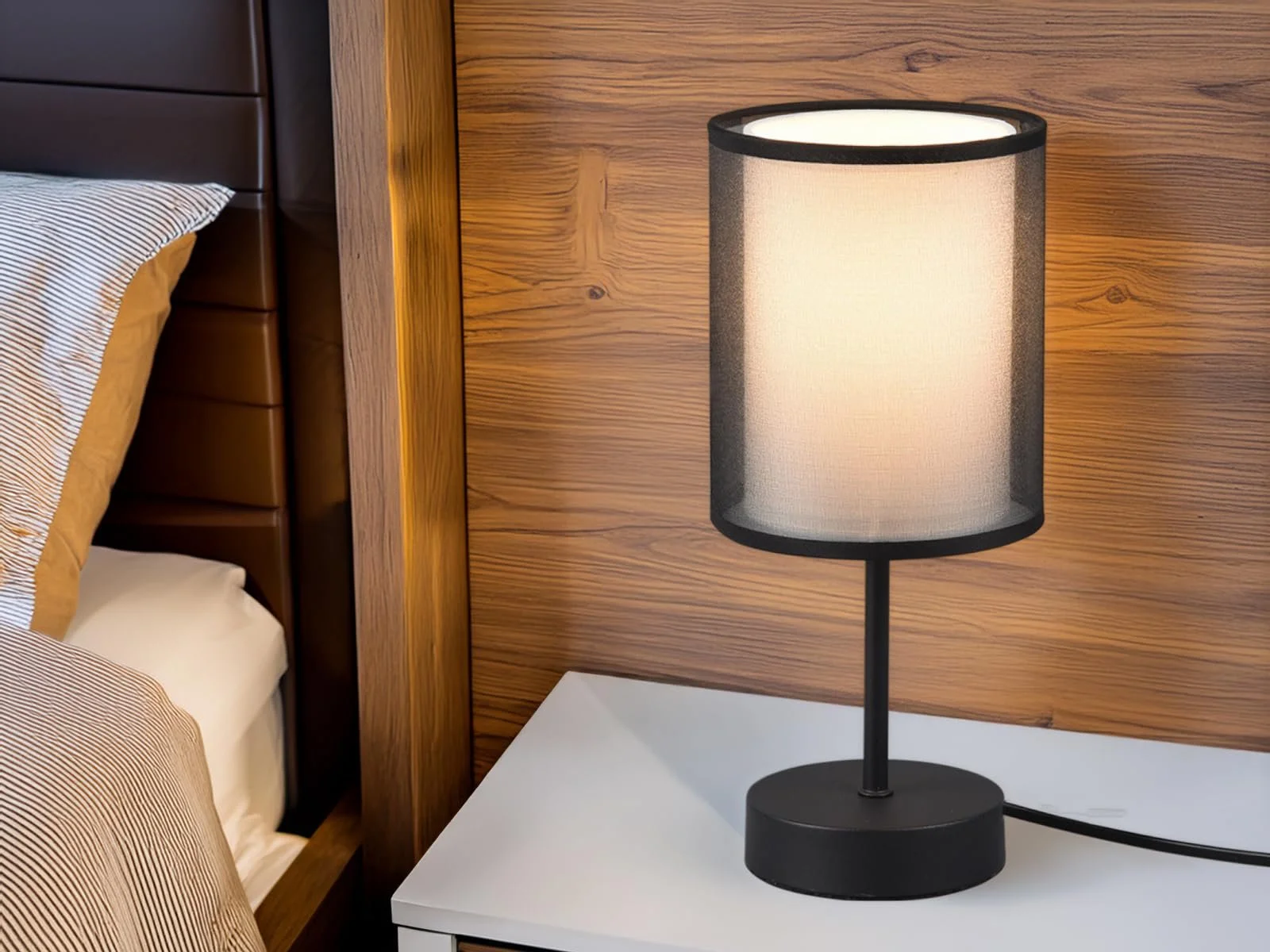 Світлодіодна настільна лампа з подвійним тканинним абажуром 28 см Чорно-біла, фото №2