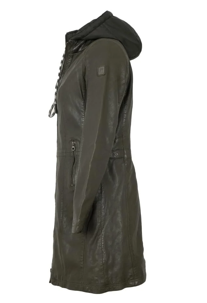 Шкіряне пальто з капюшоном Gipsy by Mauritius Lamb Nappa оливкового кольору, фото №2