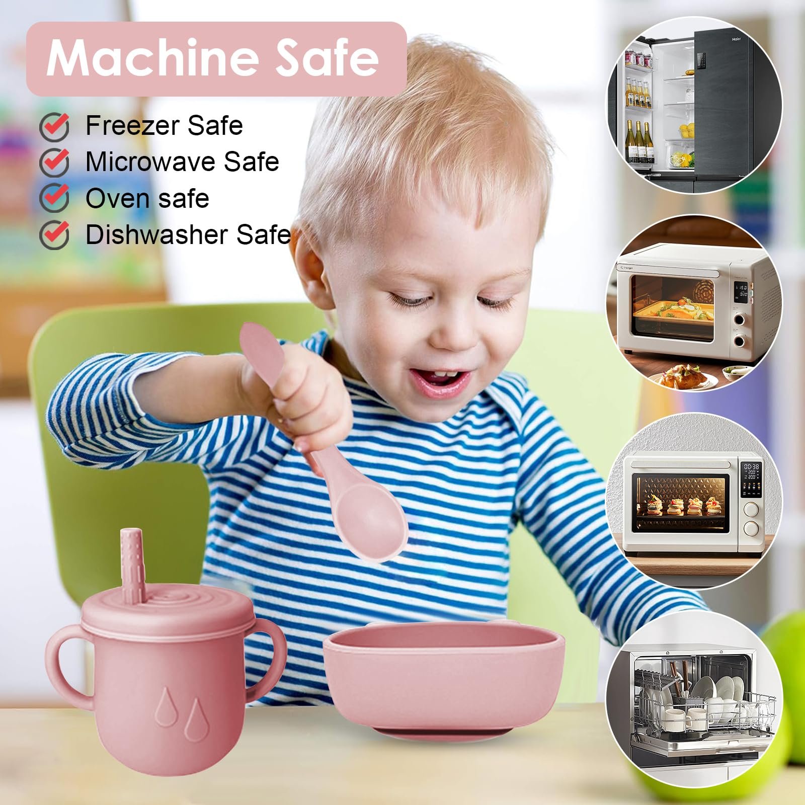 Набор детской посуды Bizcasa, 14 предметов, силиконовый детских столовых приборов для прикорма, нескользящий, тарелка, миска, слюнявчик, ложка, вилка, фрутовий ниблер, контейнер для заморозки детской каши, прорезыватель для зубов, без BPA, светло-розовый, фото №7 Набор детской посуды Bizcasa, 14 предметов, силиконовый детских столовых приборов для прикорма, нескользящий, тарелка, миска, слюнявчик, ложка, вилка, фрутовий ниблер, контейнер для заморозки детской каши, прорезыватель для зубов, без BPA, светло-розовый, фото №7