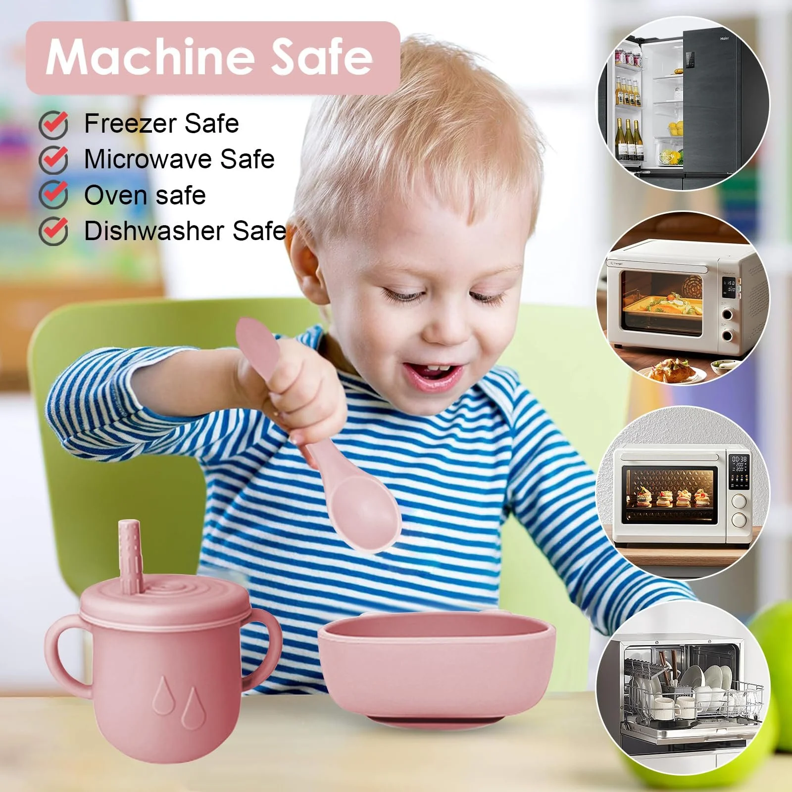 Набір дитячого посуду Bizcasa, 14 предметів, силіконовий дитячих столових приборів для прикорму, нековзний, тарілка, миска, слюнявчик, ложка, виделка, фрутовий ніблер, контейнер для заморожування дитячої каші, прорізувач для зубів, без BPA, світло-рожевий, фото №7 Набір дитячого посуду Bizcasa, 14 предметів, силіконовий дитячих столових приборів для прикорму, нековзний, тарілка, миска, слюнявчик, ложка, виделка, фрутовий ніблер, контейнер для заморожування дитячої каші, прорізувач для зубів, без BPA, світло-рожевий, фото №7