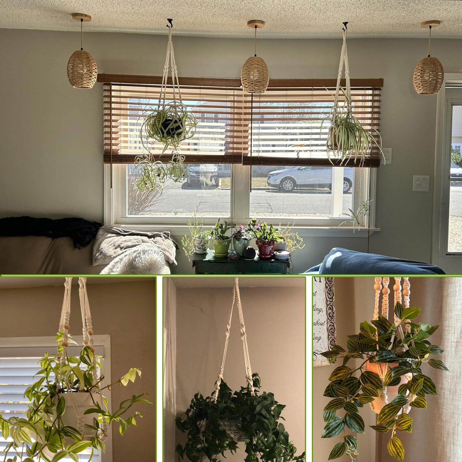 Підвіс макраме для рослин Бавовняна мотузка з дерев’яними намистинами та 2 гачками, фото №8