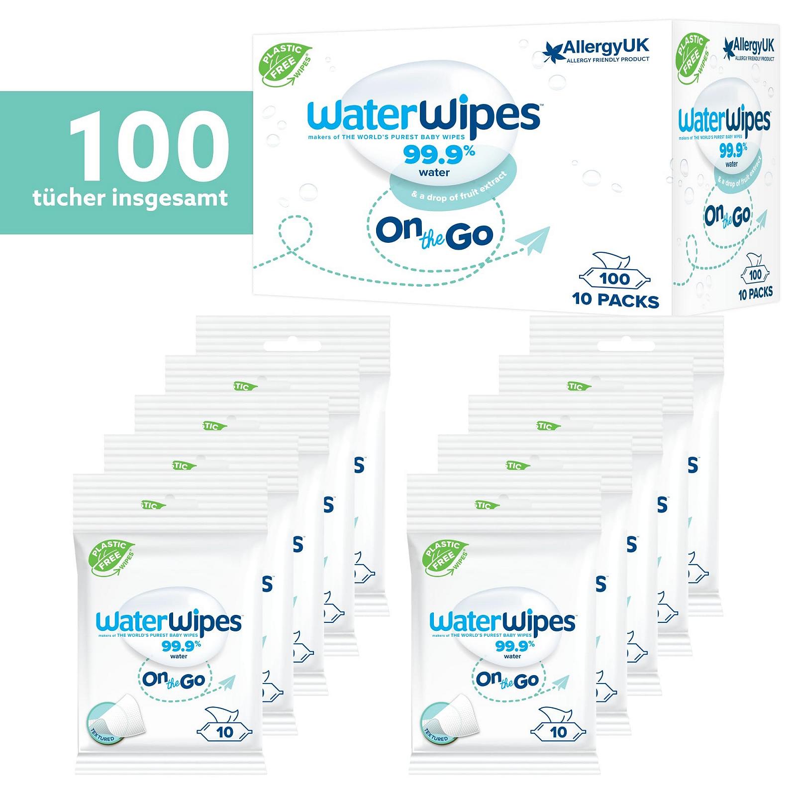 Серветки WaterWipes дорожные, 100 штук (10 упаковок), влажные серветки на 99.9% на водной основе, идеальны для путешествий, лица и тела, фото №2