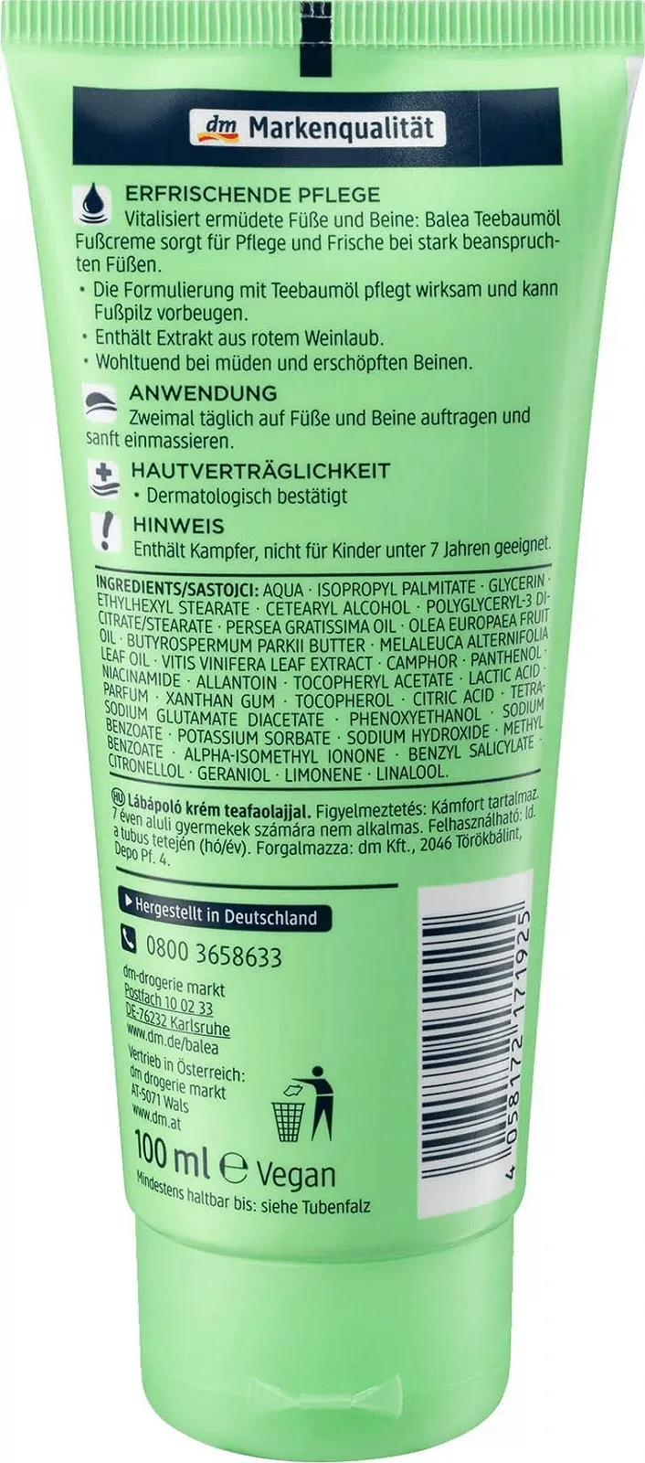 Крем для ног Balea Tea Tree с маслом чайного дерева и экстрактом листьев винограда 2 x 100 мл, фото №3