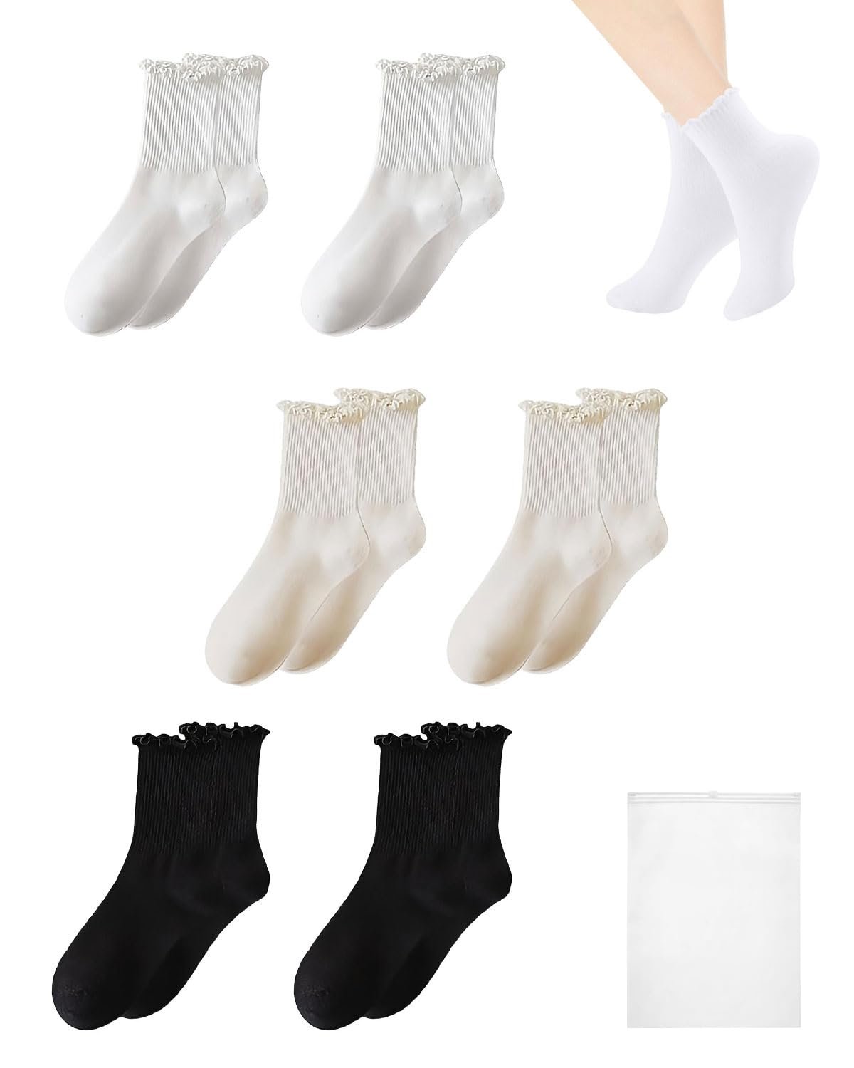 Носки с рюшами (6 пар) Хлопковые носки с рюшами Женские носки до щиколотки Мягкие дышащие носки с оборками для женщин и девушек Спорт Отдых 35-40 (Белый, кремовый, черный), фото №1