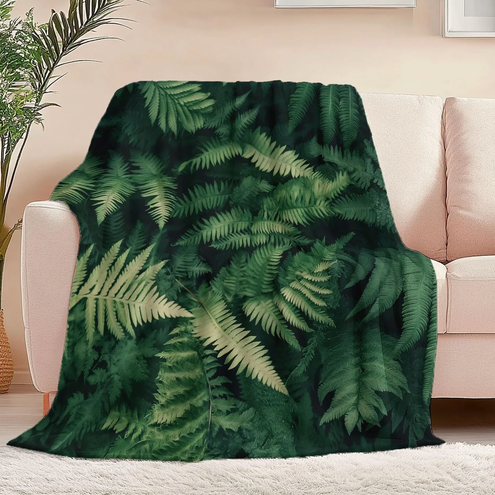 Одеяло Flanell 150 x 200 см, Натуральные Папоротник Листья, с принтом, Мягкое, Пушистое, Теплое, Зеленое, Черное, фото №5