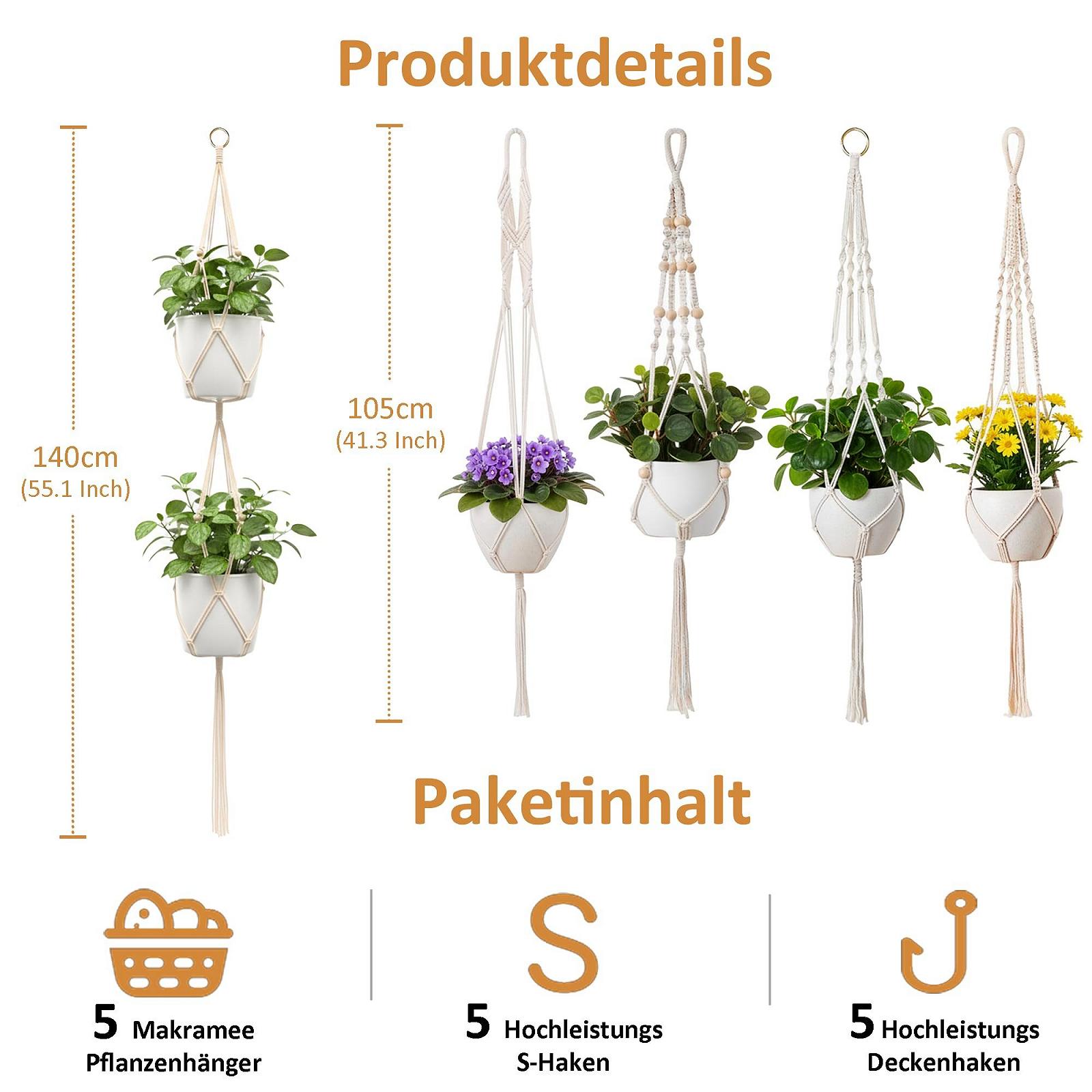 Підвісні кошики Набір 5 шт. бавовняна мотузка 10 гачків 2 розміри: 4x105 см та 1x140 см, фото №3