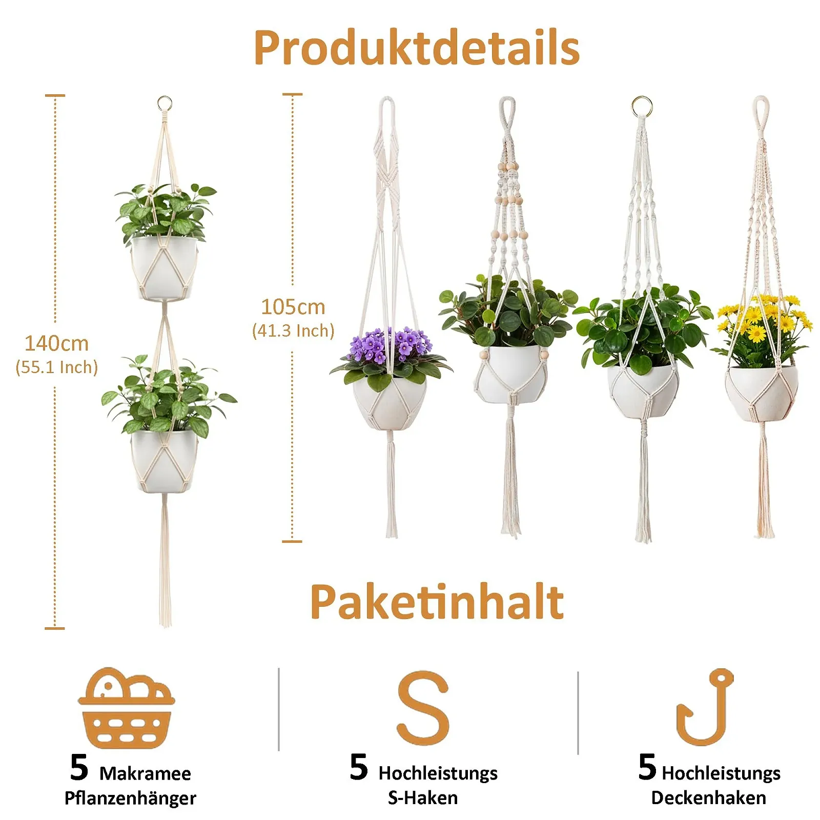 Подвесные корзины Набор 5 шт. хлопковая веревка 10 крючков 2 размера: 4x105 см и 1x140 см, фото №3 Подвесные корзины Набор 5 шт. хлопковая веревка 10 крючков 2 размера: 4x105 см и 1x140 см, фото №3