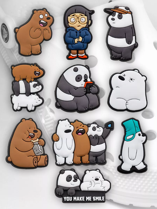 Джибітси Ми звичайні ведмеді We Bare Bears Грізлі, Панда, Білий ведмідь, мультяшні герої прикраси для крокс аксесуари набір 10 шт, фото №1