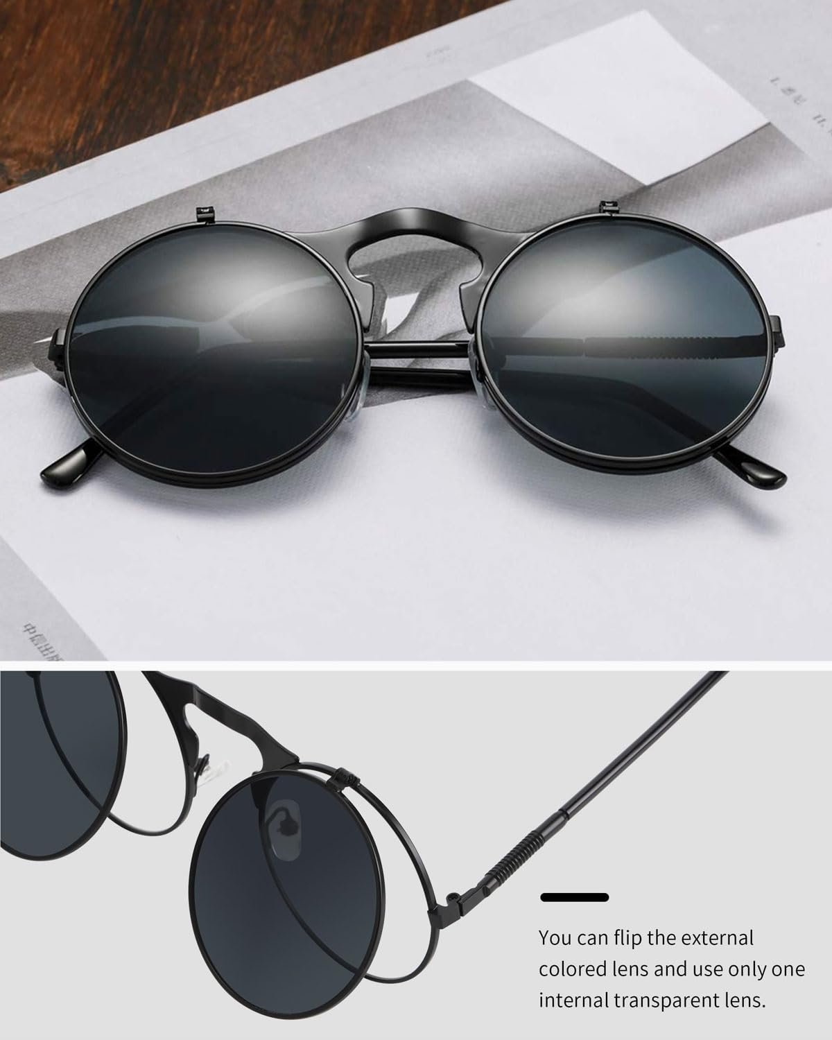 Сонцезахисні окуляри JEXOWIQ, Steampunk Flip-Up, круглі ретро окуляри для чоловіків і жінок, металева оправа, фото №4