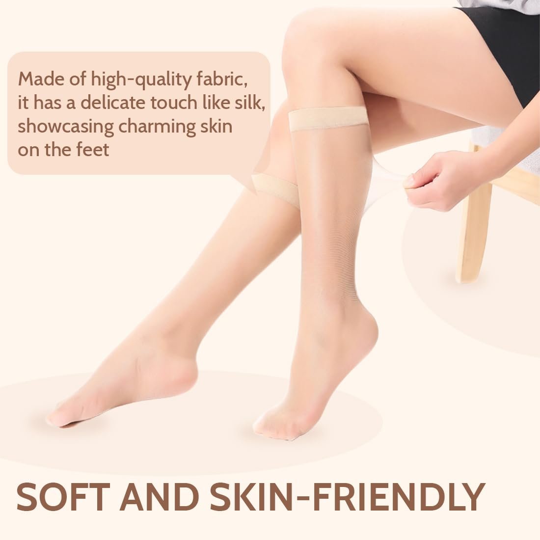 Носки женские до колена Легкие и Удобные Повседневные Гладкий Материал One Size до Колена Прозрачные Бежевый M, фото №4