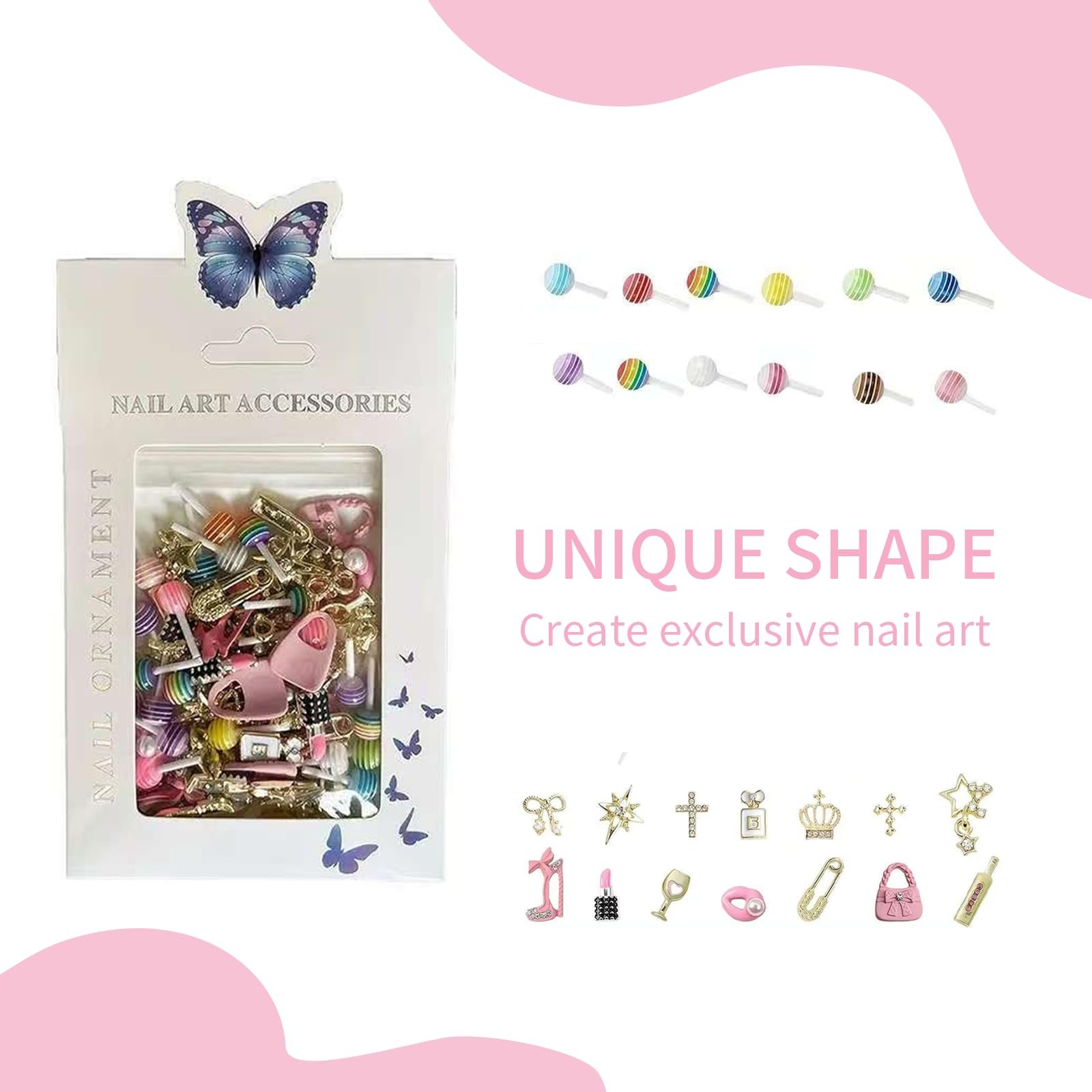 3D Декор для нігтів Мікс 76 шт (Золотий/Рожевий/Перламутровий) Набір для дизайну гелевих та акрилових нігтів з бантиками, фото №2