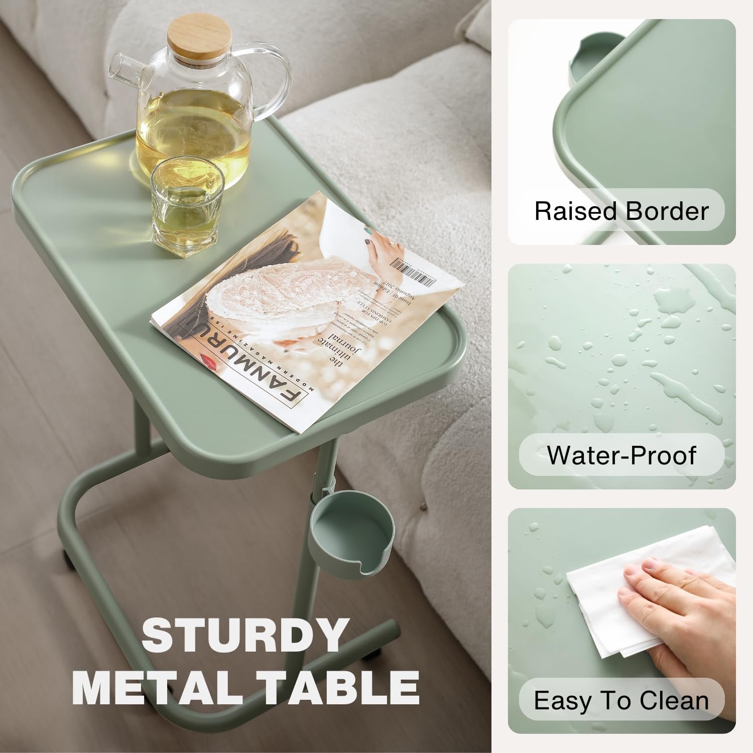 Столик с металлическим подносом на колесах Keepo, регулируемый столик для еды, складной столик для ноутбука с 3 уровнями высоты, угол наклона от 0 до 90 градусов, переносной столик для кровати и дивана, фото №5