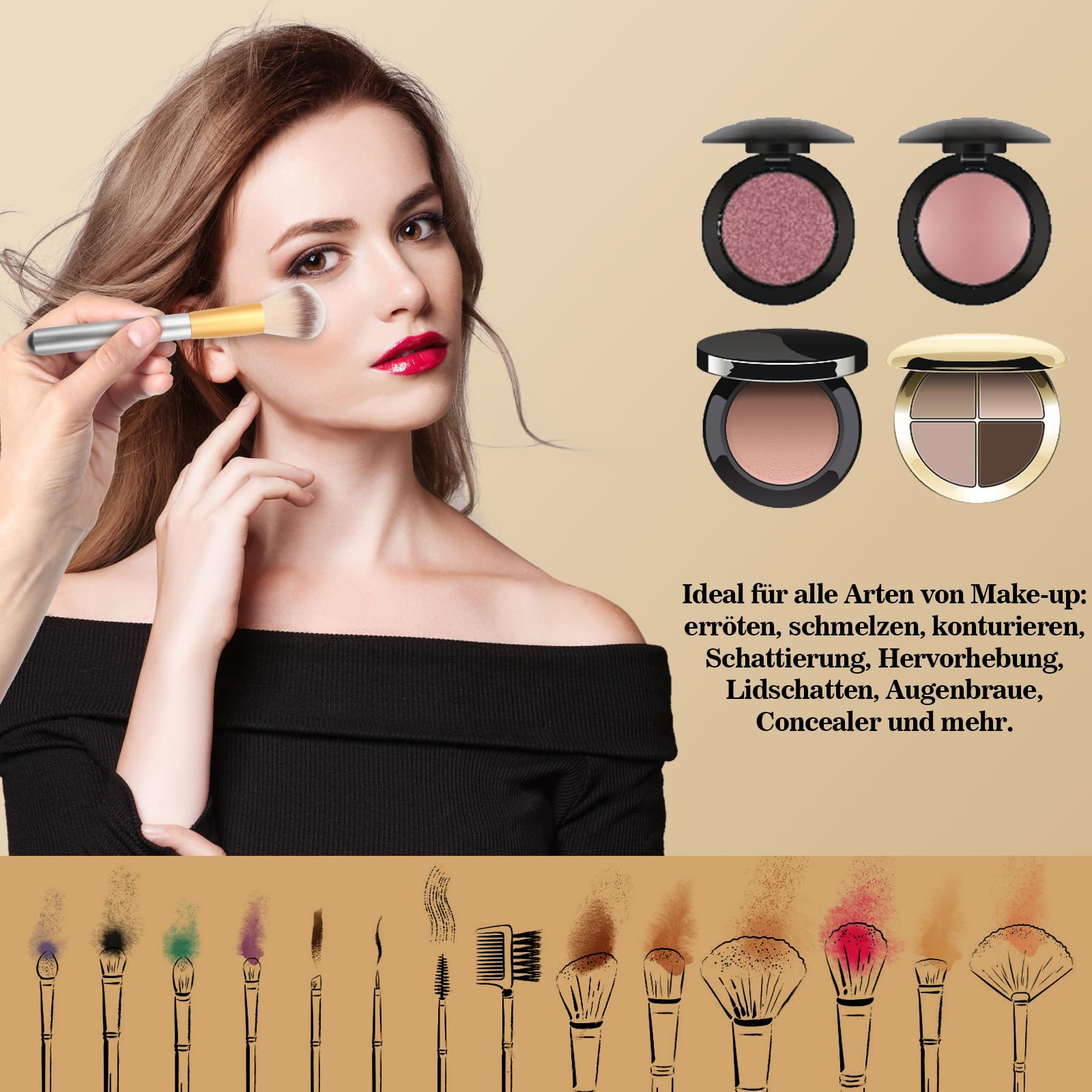 Набір пензликів ZOCONE Professional 12 штук для макіяжу з очищувальним яйцем і спонжем у бежевому чохлі, фото №4