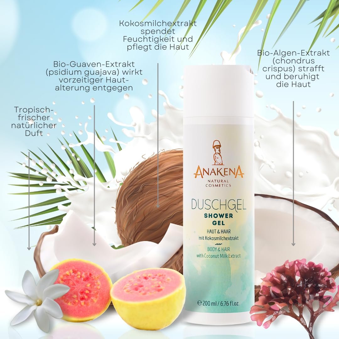Гель для душу ANAKENA Natural Cosmetics Shower Gel Skin & Hair Tropical Fragrance з екстрактом кокосового молока 200 мл, фото №2
