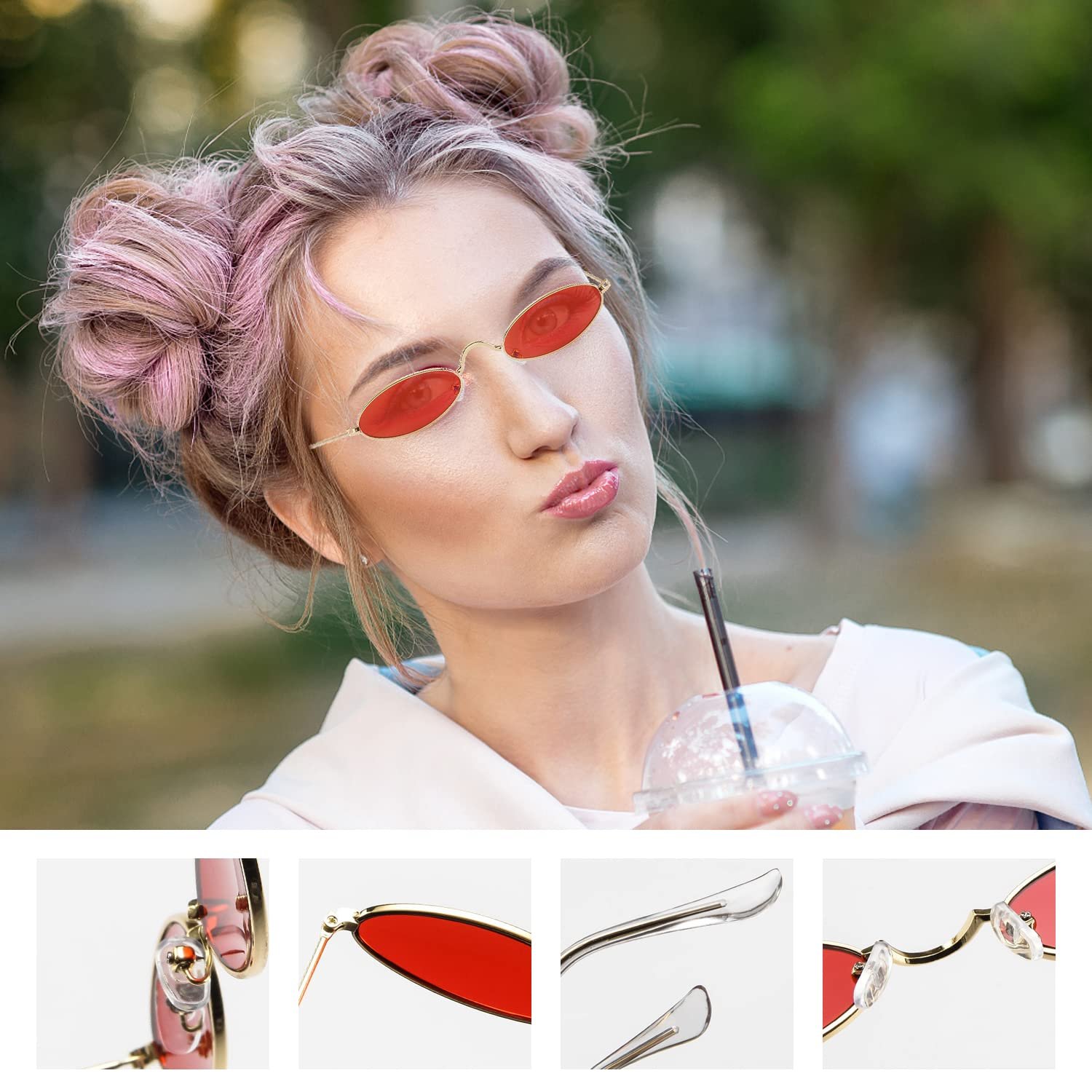 Сонцезахисні окуляри Ретро Хіпі Овальні в металевій оправі Сірий, Червоний, фото №3