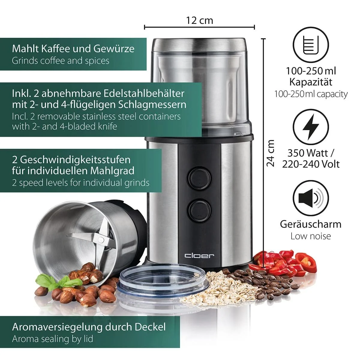 Електрична кавомолка Cloer 7419 з ножем з нержавіючої сталі, 350 Вт, 2 знімні контейнери з нержавіючої сталі, для песто, трав, горіхів та зерна, до 80 г кавових зерен, захисна, фото №2