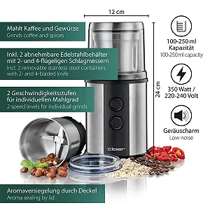 Електрична кавомолка Cloer 7419 з ножем з нержавіючої сталі, 350 Вт, 2 знімні контейнери з нержавіючої сталі, для песто, трав, горіхів та зерна, до 80 г кавових зерен, захисна ціна на synthetic.ua - Фото 1 Електрична кавомолка Cloer 7419 з ножем з нержавіючої сталі, 350 Вт, 2 знімні контейнери з нержавіючої сталі, для песто, трав, горіхів та зерна, до 80 г кавових зерен, захисна synthetic.ua - Фото 1
