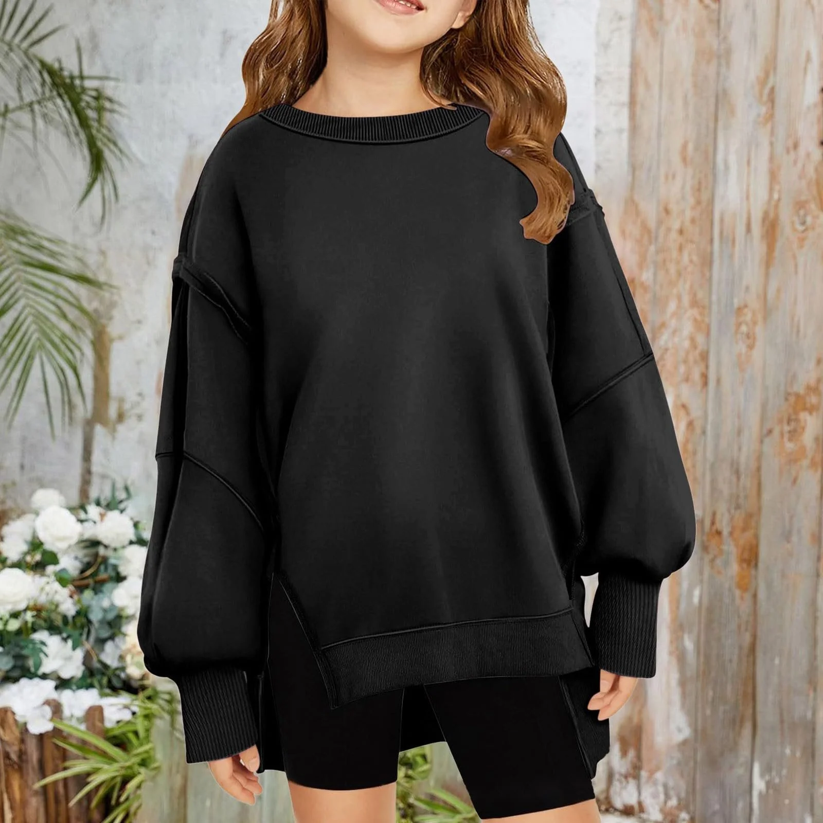 Пуловер для девочки - Модный детский пуловер с круглым вырезом, свободный, с длинными рукавами и капюшоном, фото №3