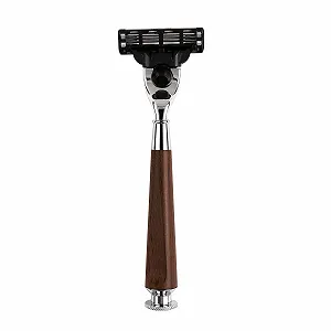 Т-образная бритва Safety Razor Elegant Design из орехового дерева с 3 лезвиями (совместима с Fusion 3) - Фото 1
