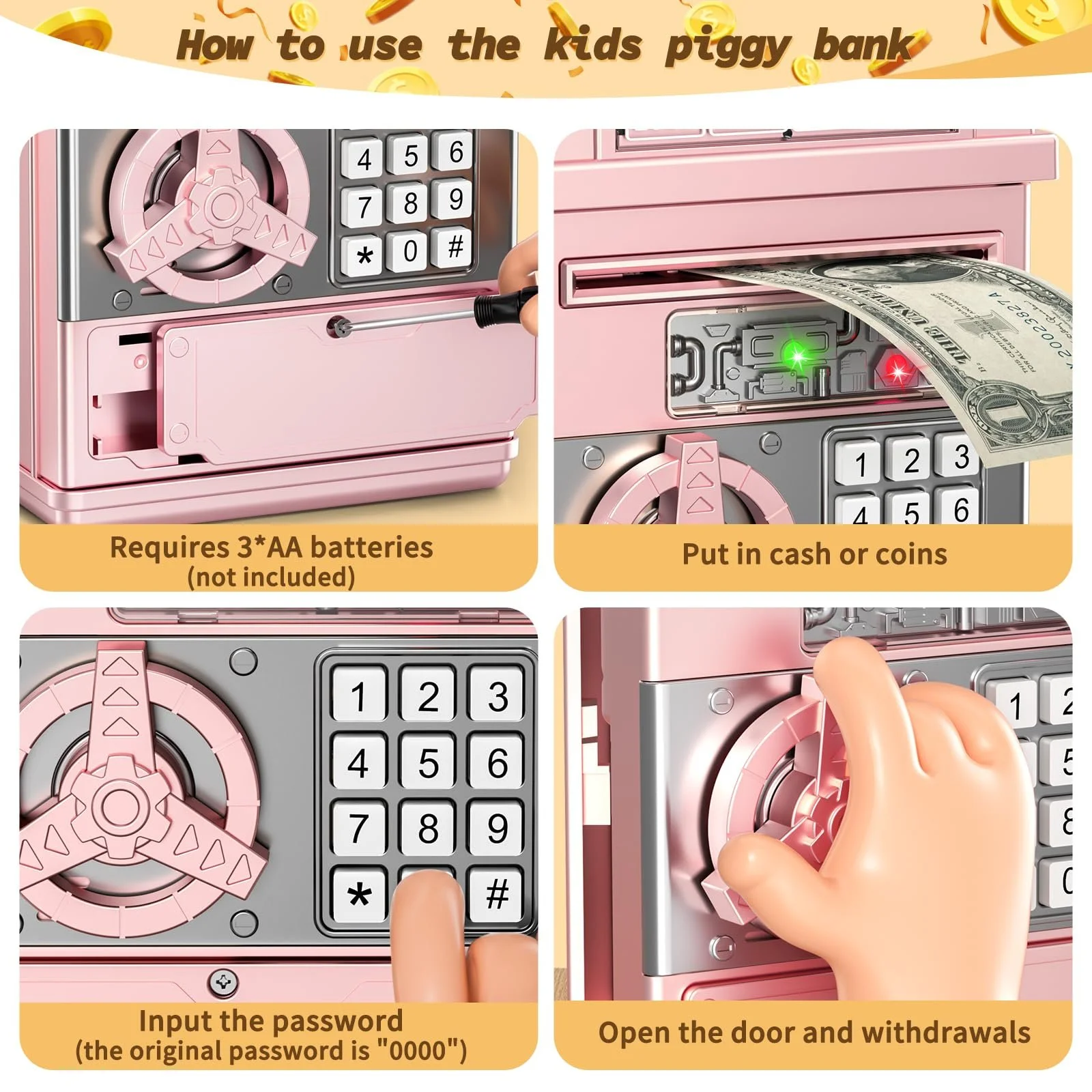 Скарбничка-сейф Електронна з паролем Банкомат Рожеве золото, фото №5