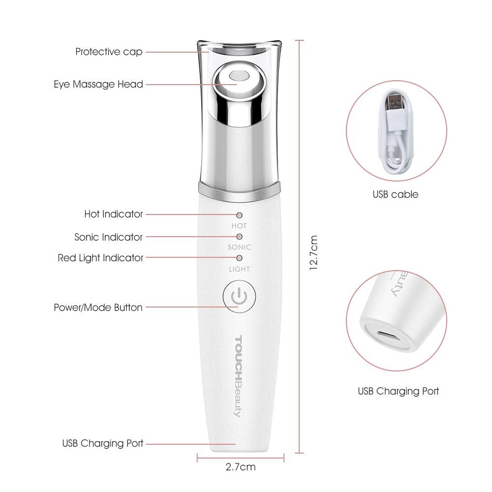 Масажер для очей TOUCHBeauty, вібраційний, з червоним LED світлом, підігрівом 40°C, акумуляторний, білий, фото №7