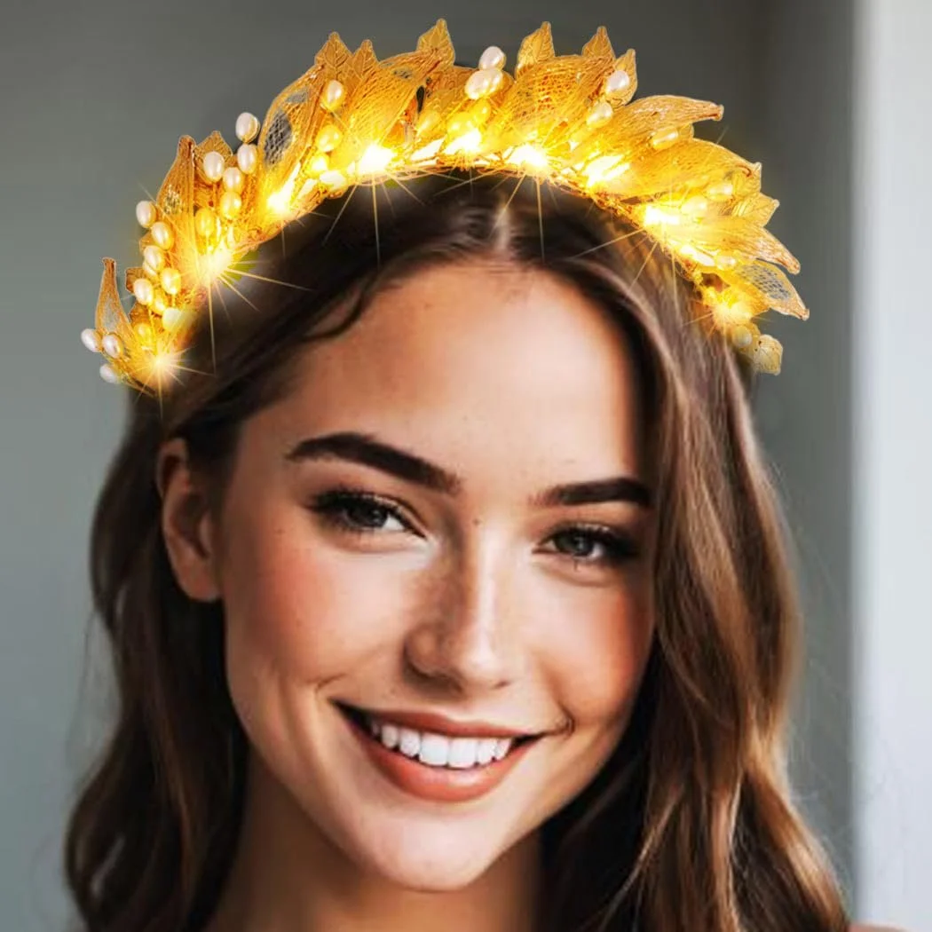 Обруч Zoestar Весільний зі світлодіодами Листя, Богиня, Бісер, Золотий, фото №6 Обруч Zoestar Весільний зі світлодіодами Листя, Богиня, Бісер, Золотий, фото №6