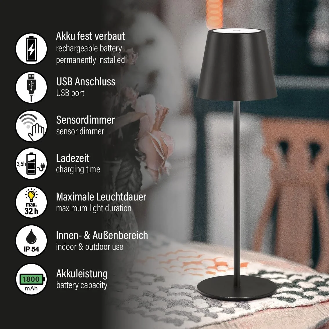 Настільна лампа Viletto Акумуляторна LED 2 Вт 190 лм 3000 K Регульована яскравість USB, фото №5