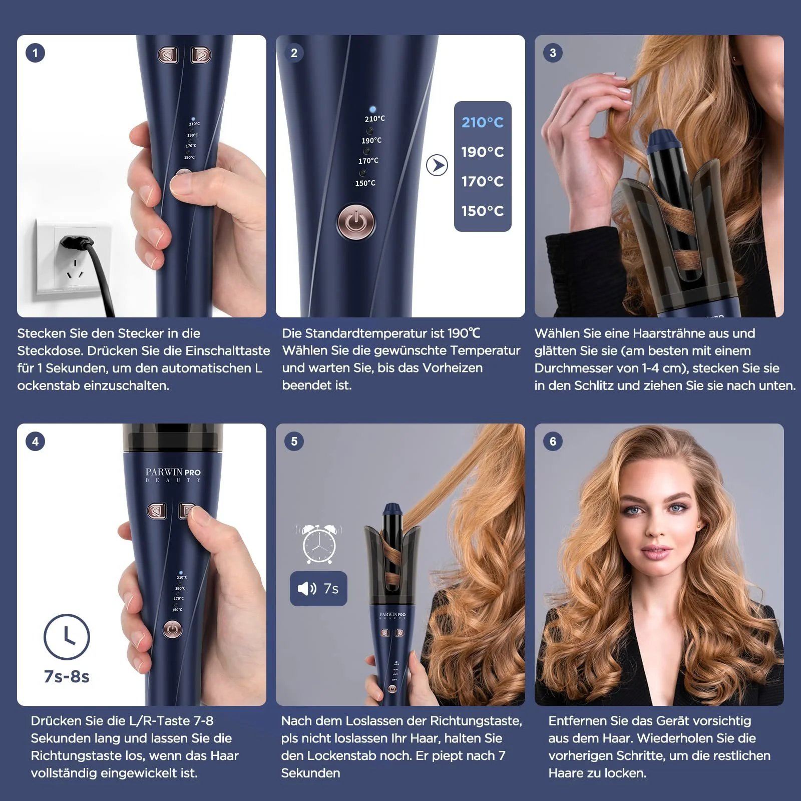 Автоматическая плойка PARWIN PRO BEAUTY 32 мм с керамическим покрытием 100-240 В 4 температурных режима 150-210°C звуковой сигнал 7 с синяя, фото №6 Автоматическая плойка PARWIN PRO BEAUTY 32 мм с керамическим покрытием 100-240 В 4 температурных режима 150-210°C звуковой сигнал 7 с синяя, фото №6