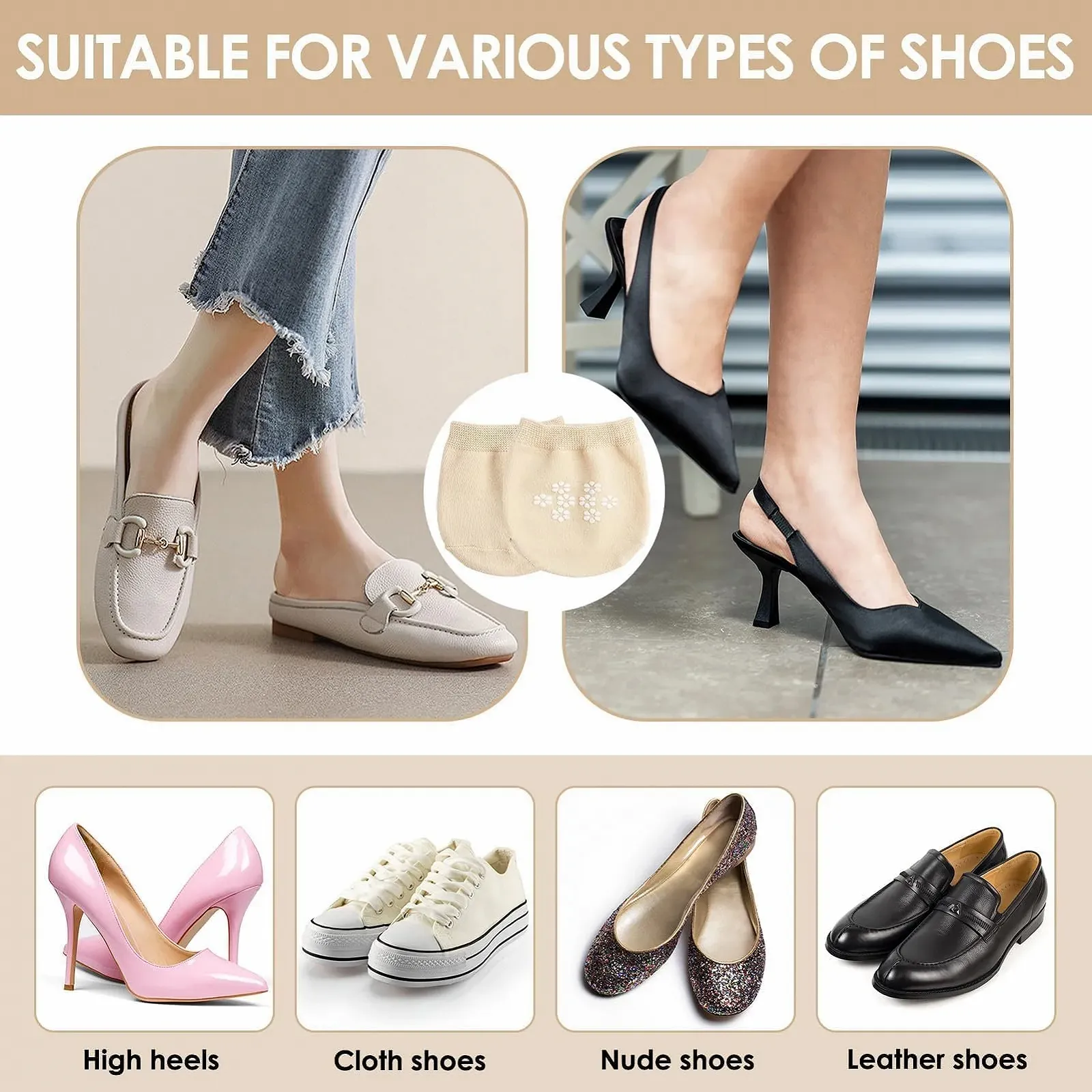 Носки для пальцев женские 4 пары, Накладки на пальцы ног, Нескользящие носки на переднюю часть стопы, Дышащие невидимые полуноски, для высоких каблуков и балеток, Дышащие и удобные, Телесный цвет, фото №6