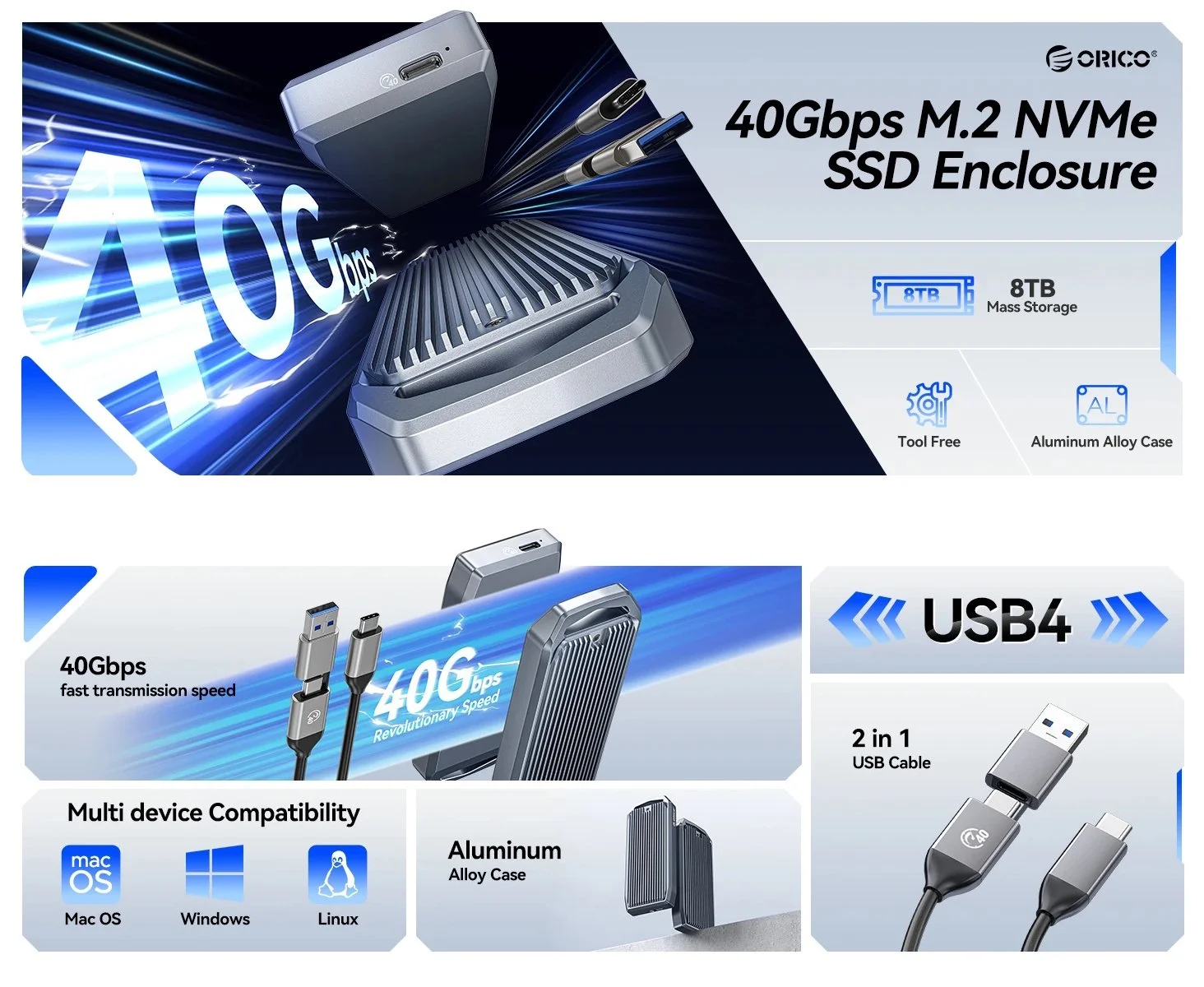 Зовнішній адаптер ORICO 40Gbps M.2 NVMe SSD to USB4, фото №12