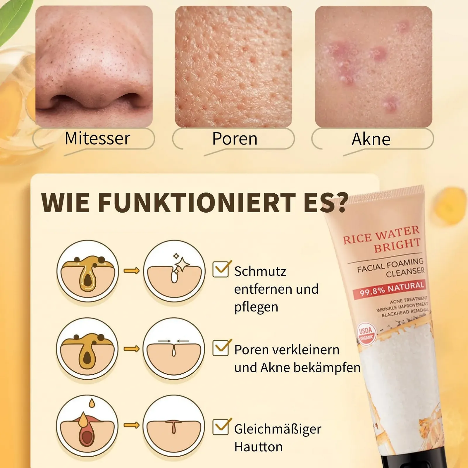 Средство для умывания Рисовая Вода Средство для умывания лица с рисом Очищающая пенка для лица Натуральная пенка для умывания Увлажняющее средство для умывания лица Средство для глубокой очистки пор лица, фото №5