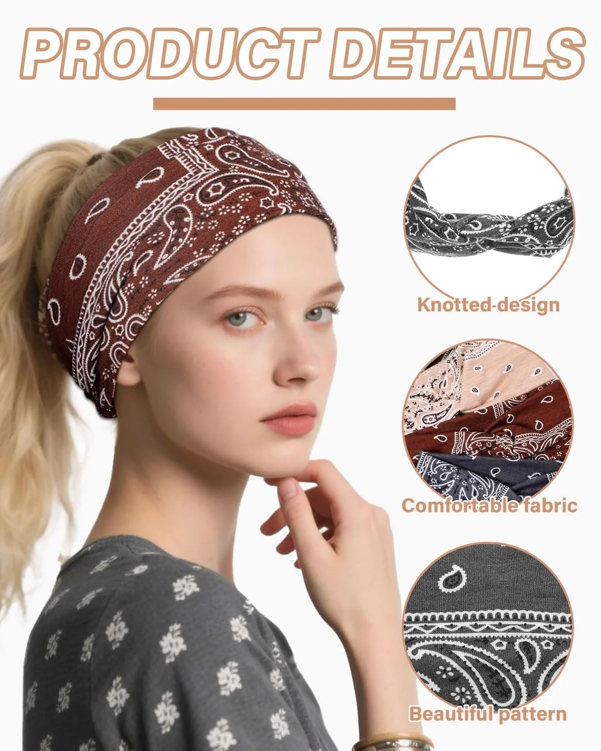 Пов'язка на голову Еластична широка в стилі бохо для занять йогою, фото №3