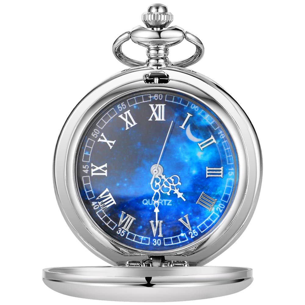 Кишеньковий годинник Tiong Hollow Blue Star Design з римськими цифрами, кварцовий з ланцюжком, фото №2