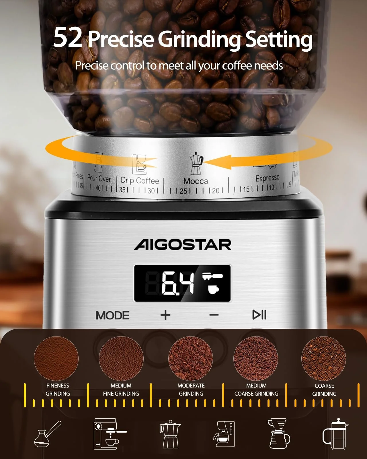 Кавомолка Aigostar Electric, конічна, 52 налаштування помелу, срібляста, фото №2