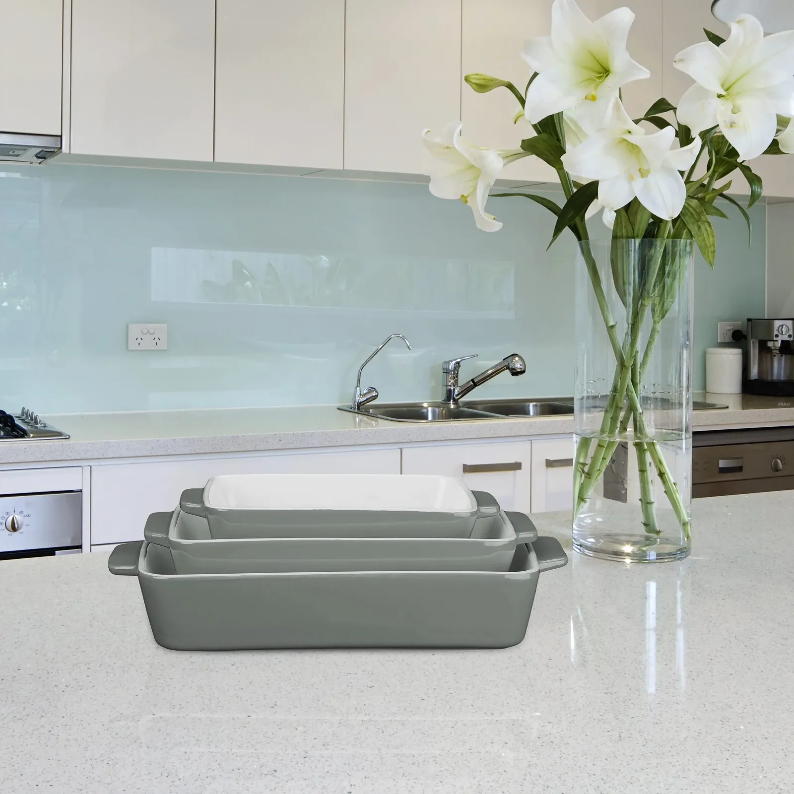 Набір форм для запікання Relaxdays 3 штуки керамічні прямокутні Grey/White 6 x 33 x 20 сантиметрів, фото №2