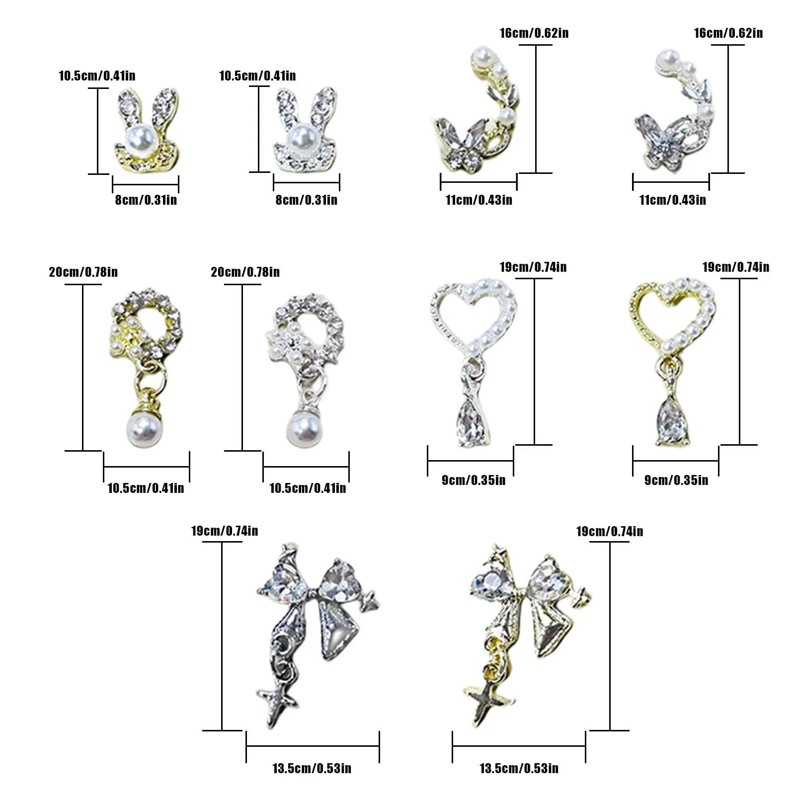 3D Шармы для ногтей Золото Серебро, 20 шт, разные стили, кролик, бант, сердце, металлические жемчужины, кристаллы для ногтей, украшения для ногтей для девушек, женщин, мужчин, маникюр, дизайн, аксессуары для ногтей, фото №2