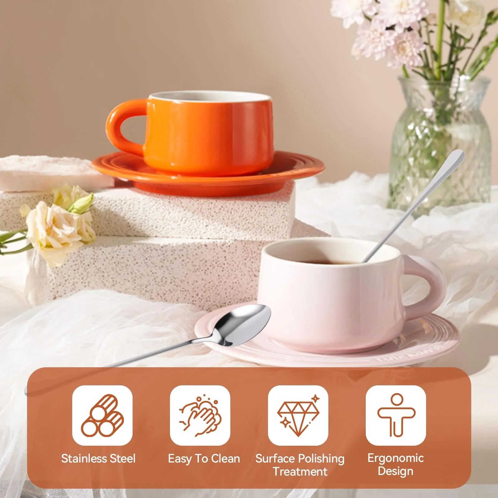 Набор длинных ложек Latte Macchiato, 195 см, ложка для коктейлей, длинная ложка для мороженого, чайная ложка, зеркальная полировка, можно мыть в посудомоечной машине, длинная ручка ложки, десертная ложка, идеально подходит для кофе со льдом, чая со льдом, 12 шт, фото №4