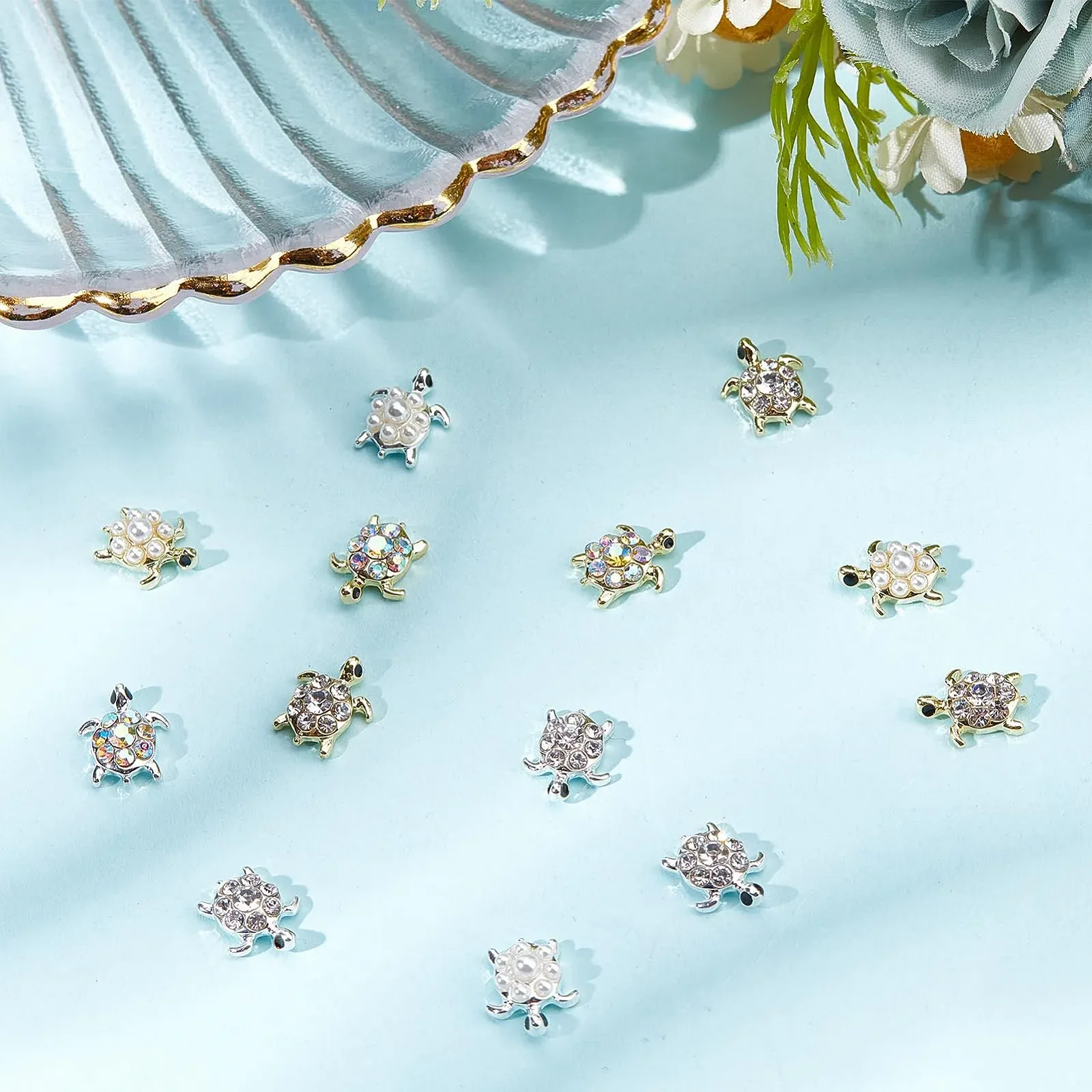 Подвески для ногтей Черепаха NICENEEDED 24 шт, 3D украшения для ногтей в виде черепахи с камнями, блестящие украшения для маникюра, фото №5