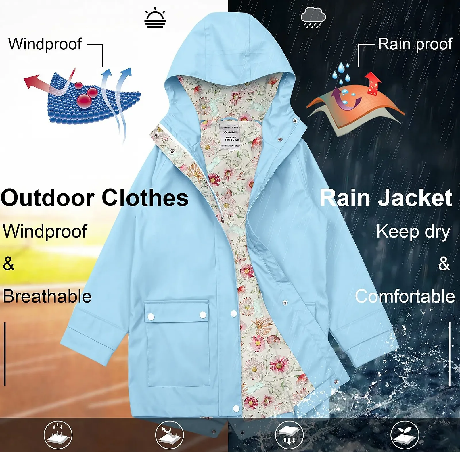 Дитяча дощова куртка Solocote з капюшоном, прогумовані дощовики на підкладці для дівчаток та хлопчиків, водонепроникна, вітронепроникна, фото №4