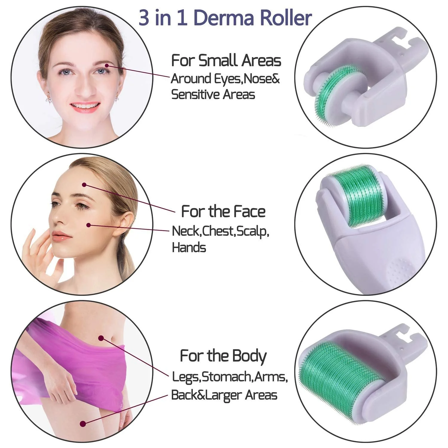 Ролер для мікронідлінгу BOWKA 3-в-1 для бороди - 600 (0.30 мм) 180 (0.25 мм) 1200 (0.50 мм) для обличчя та тіла, фото №4