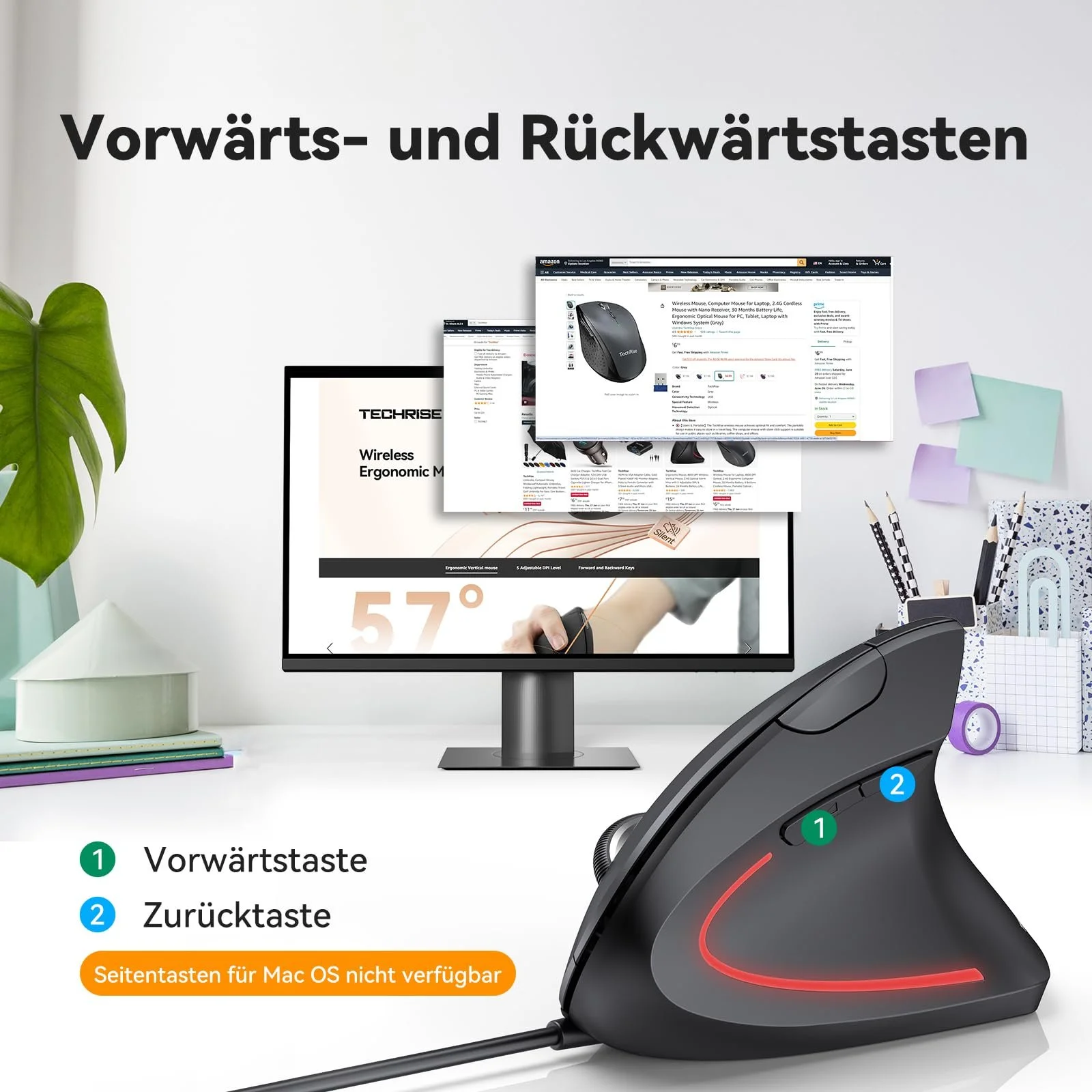 Мышь TechRise вертикальная эргономичная, 6400 DPI, 6 кнопок, оптическая, с кабелем, фото №5