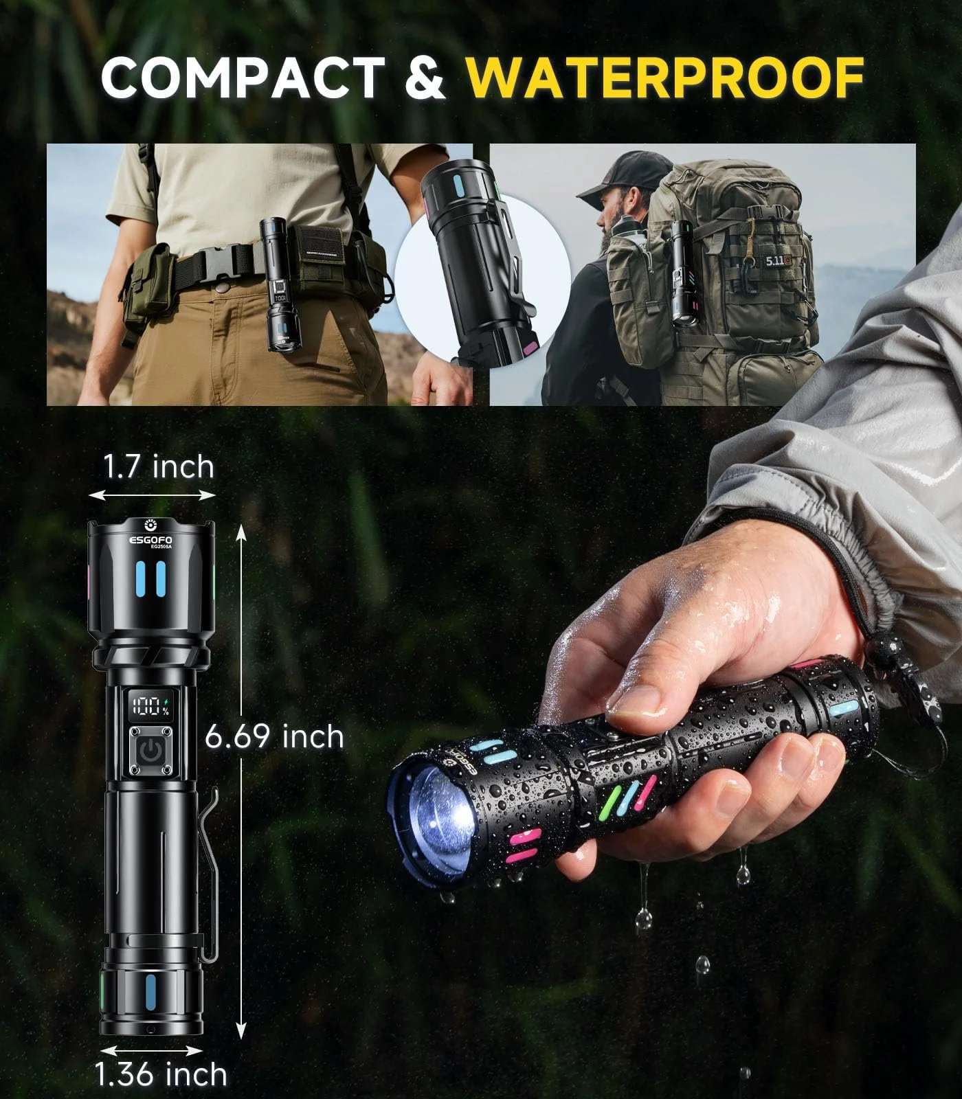 Ліхтар Esgofo LED Перезаряджуваний Надзвичайно Яскравий 1000000 Люменів, Дуже Яскравий Довготривалий 15 Годин USB C Далекобійний 1000 м, Регульований Фокус та Режими Освітлення для Зовнішньої Безпеки, фото №6