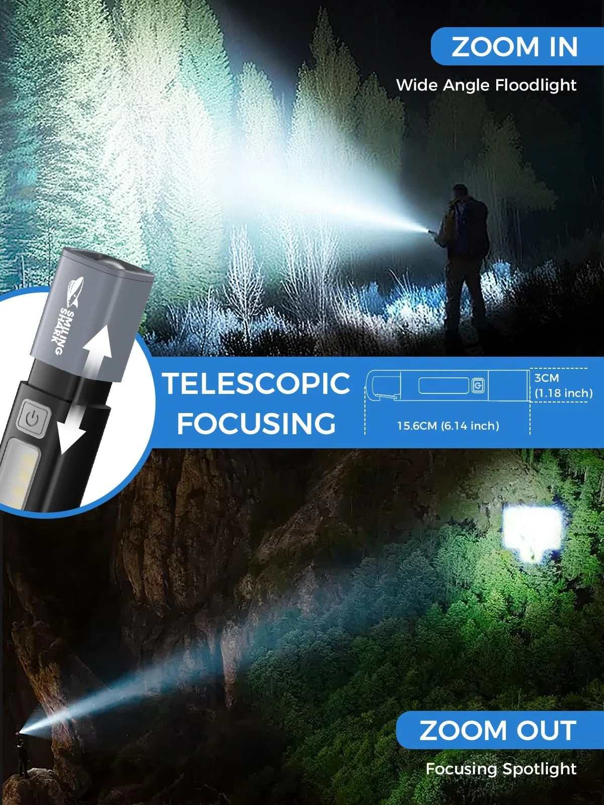 Ліхтар Smiling Shark G1 2 шт. LED Перезаряджуваний з боковим світлом і 3 режимами, масштабований, водонепроникний, міні з гачком Чорний, фото №3