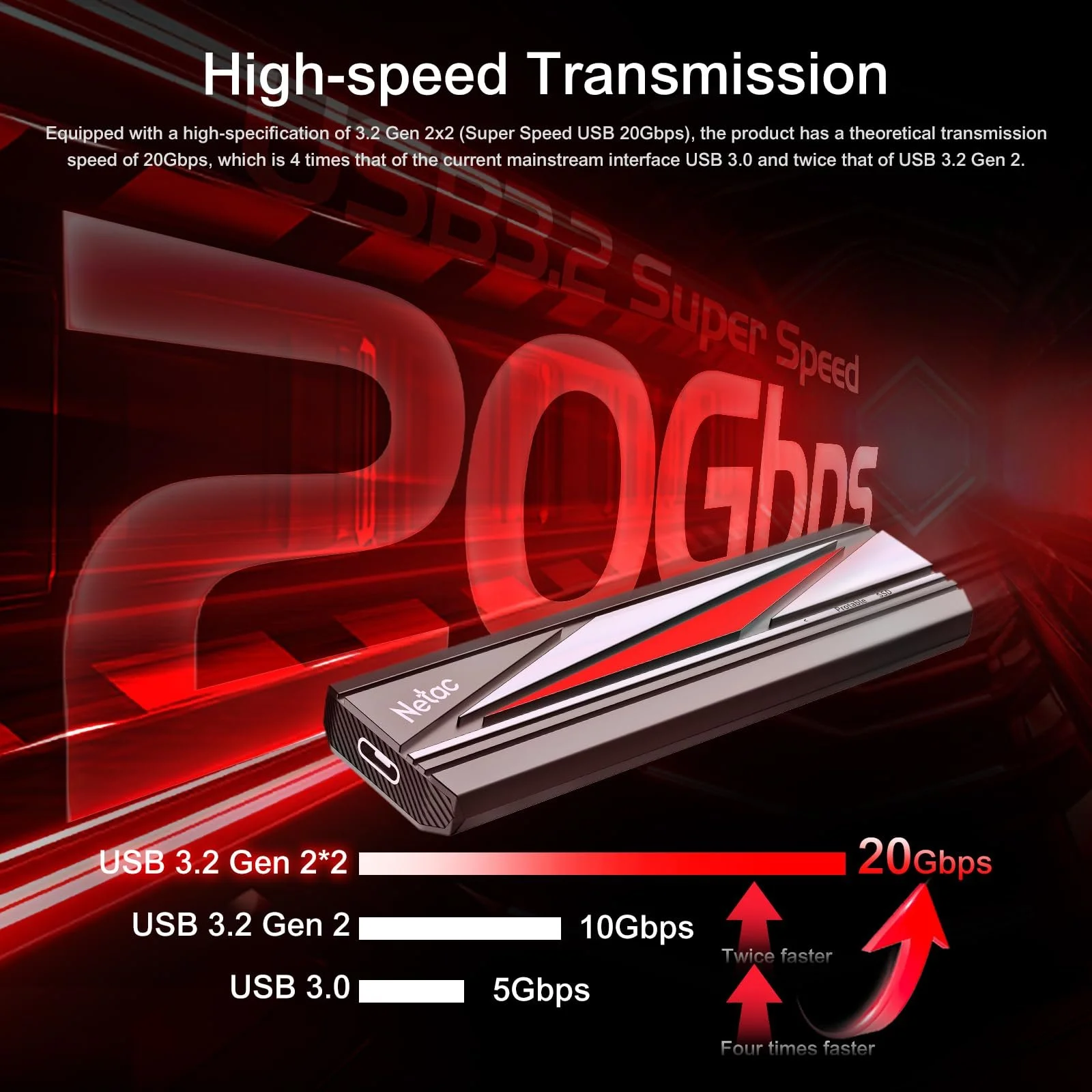 Зовнішній SSD Netac 512GB USB 3.2 Gen2X2 2000 MB/s Чорний/Червоний/Сріблястий, фото №3
