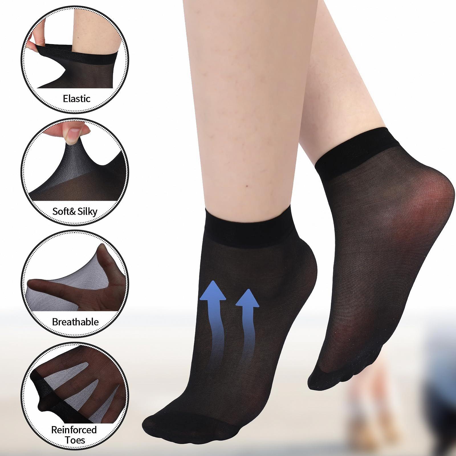 Носки нейлоновые женские 20 пар, матовые прозрачные нейлоновые тонкие носки, 20 ден, носки до щиколотки, усиленные пальцы, шелковые носки (EU 35-38), черный +, фото №3