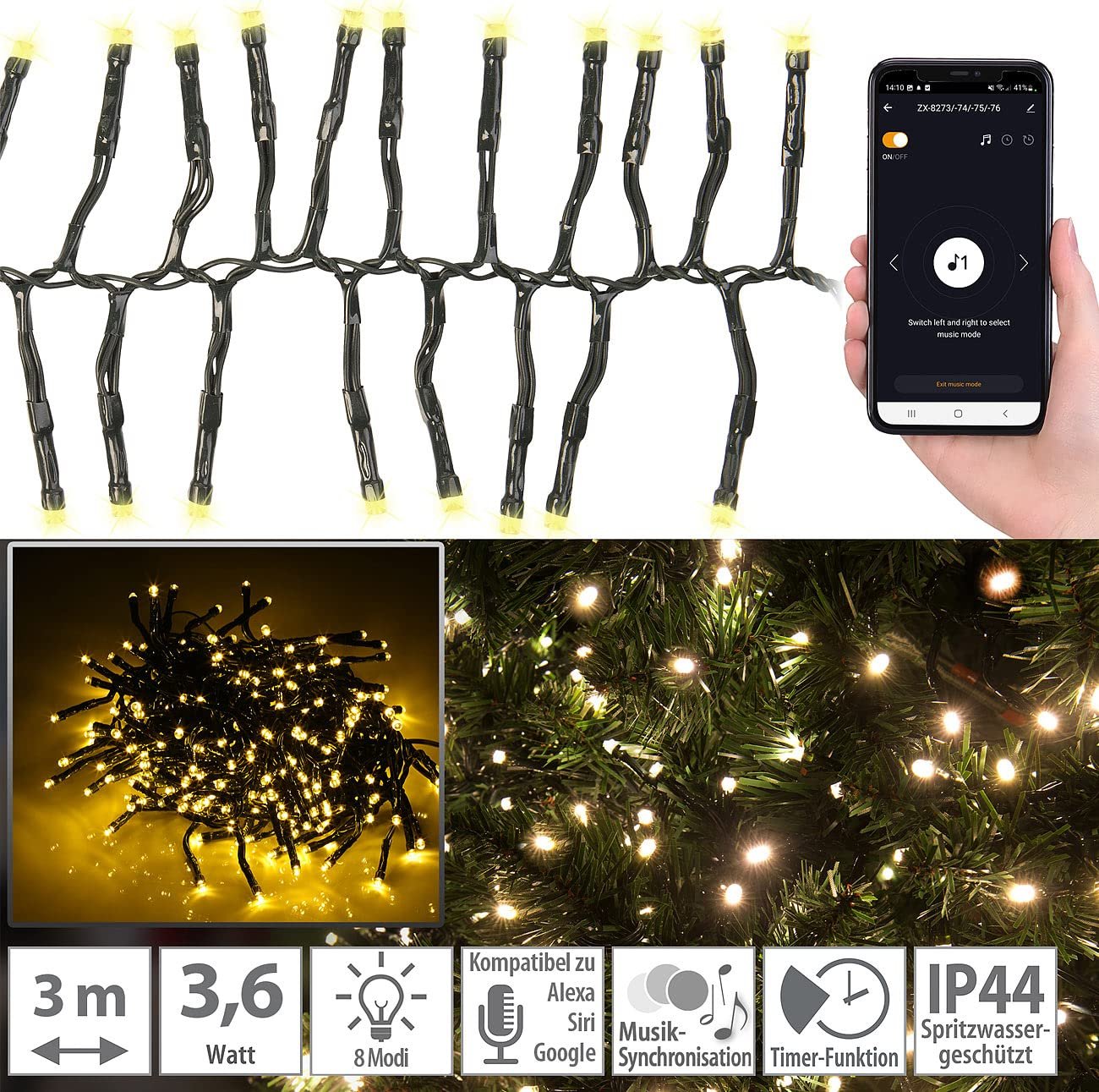 LED Гірлянда Lunartec Smart WiFi, 300 LED, 3 м, Темно-зелений, фото №3