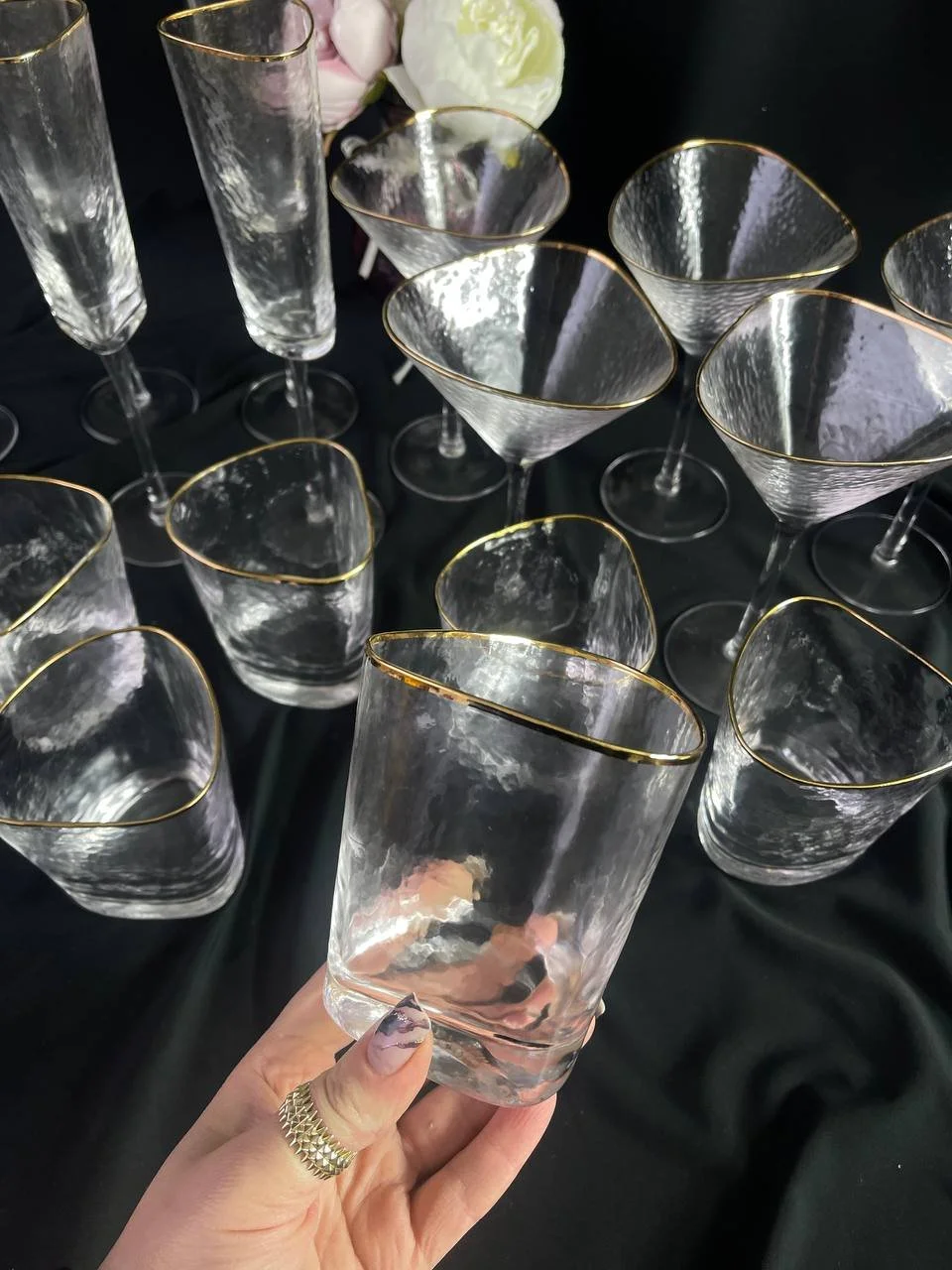 Стакани для води. Крижане скло. 6 шт. Золота оконтовка., фото №1
