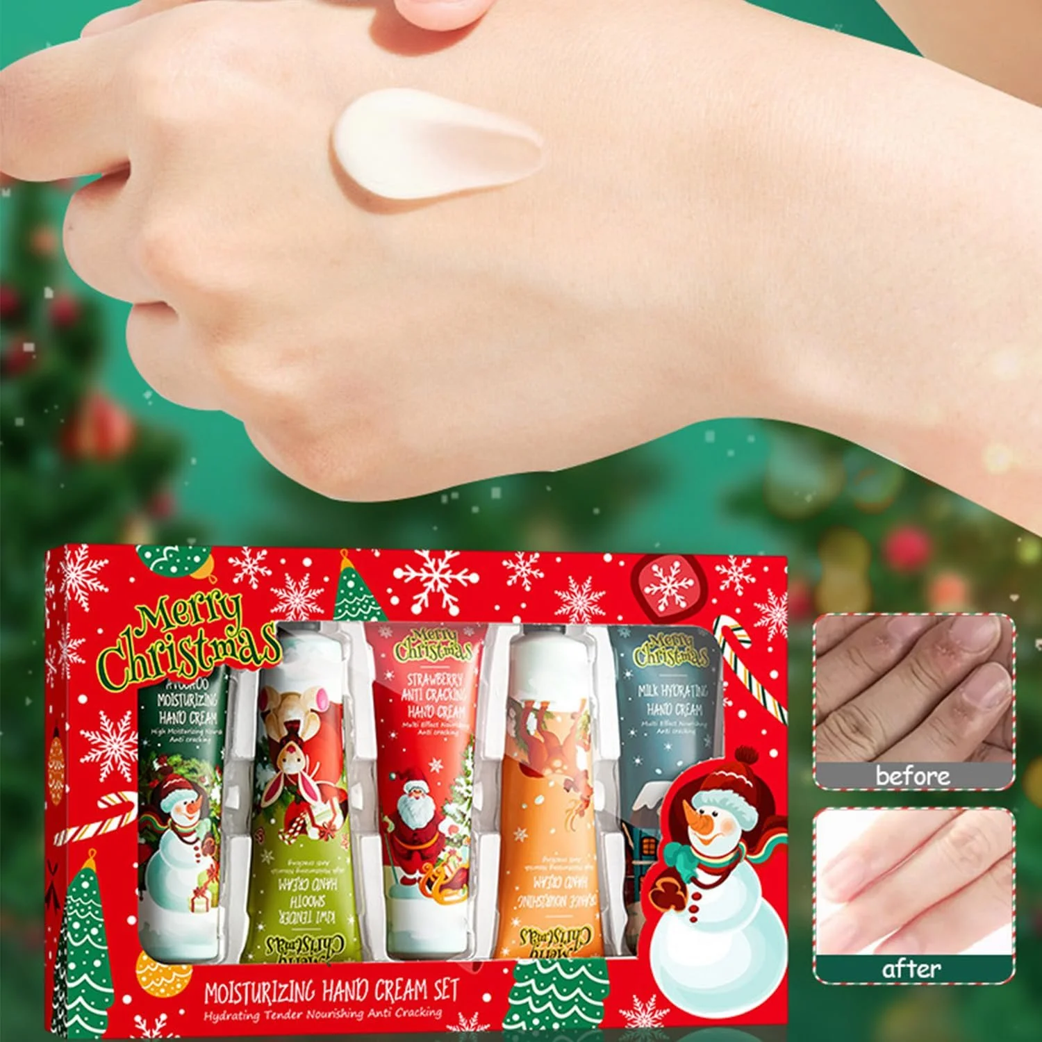 Крем для рук Набор Рождество, 5 шт Парфюмированный крем для рук, увлажняющий крем для рук и ног для сухой и потрескавшейся кожи рук, большой набор лосьона для рук для очень сухой кожи, фото №5