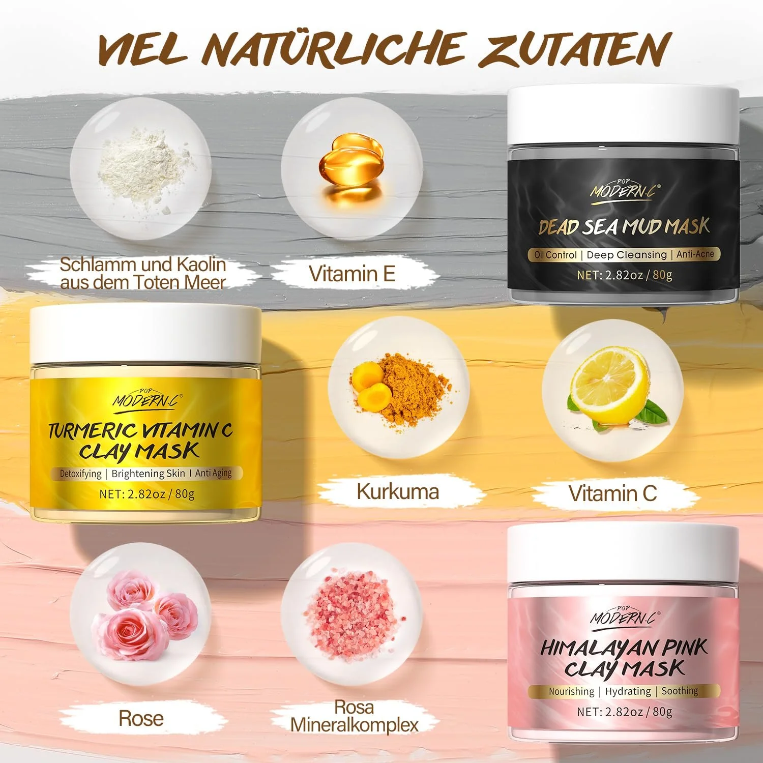 Набор глиняных масок для лица Turmeric Vitamin C, маска из грязи Мертвого моря, гималайская глиняная маска для лица для уменьшения черных точек, акне, глубокого очищения, маска для лица для контроля жирности, 240 г, фото №5